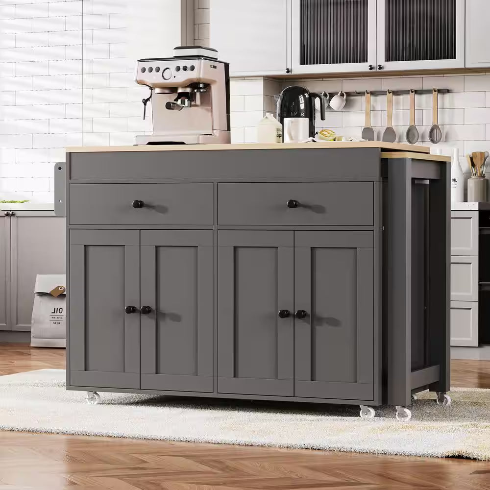 Gray Wood Top 74.5 In. Kitchen Island with Extendable Table, Hidden Wheels, and Ample Storage