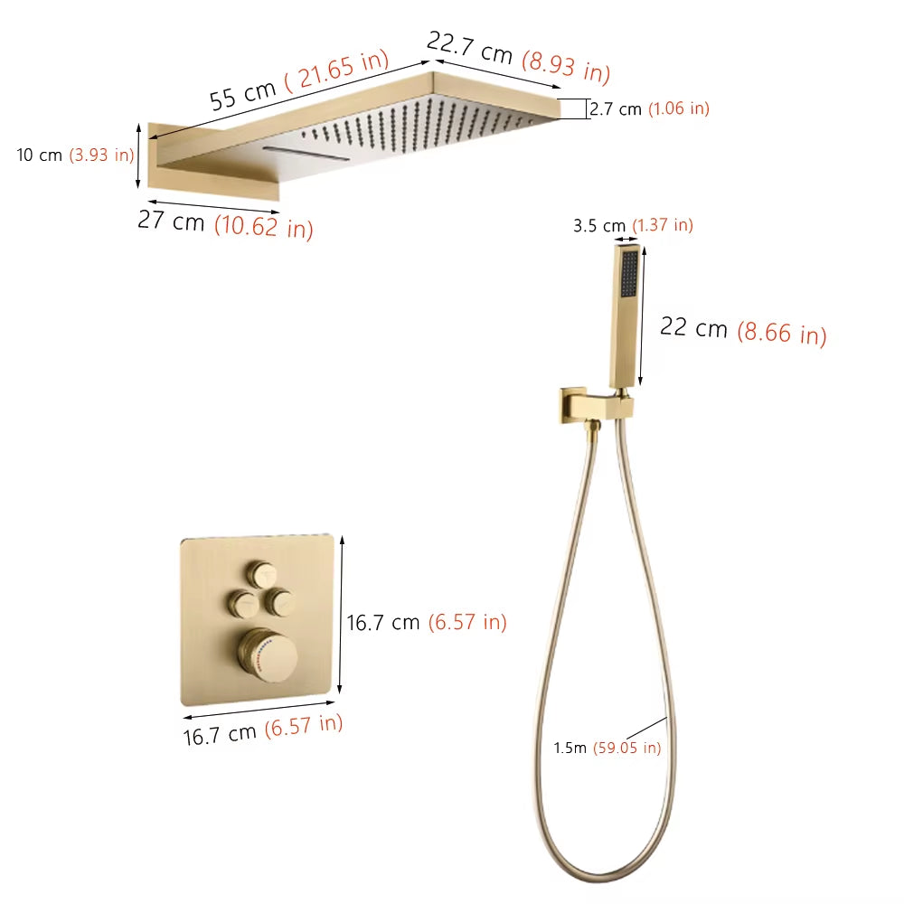 Gray Hidden Shower System Bathroom Full Copper Shower Faucet Set Waterfall Embedded Shower Tap Rainfall Concealed Mixer Crane
