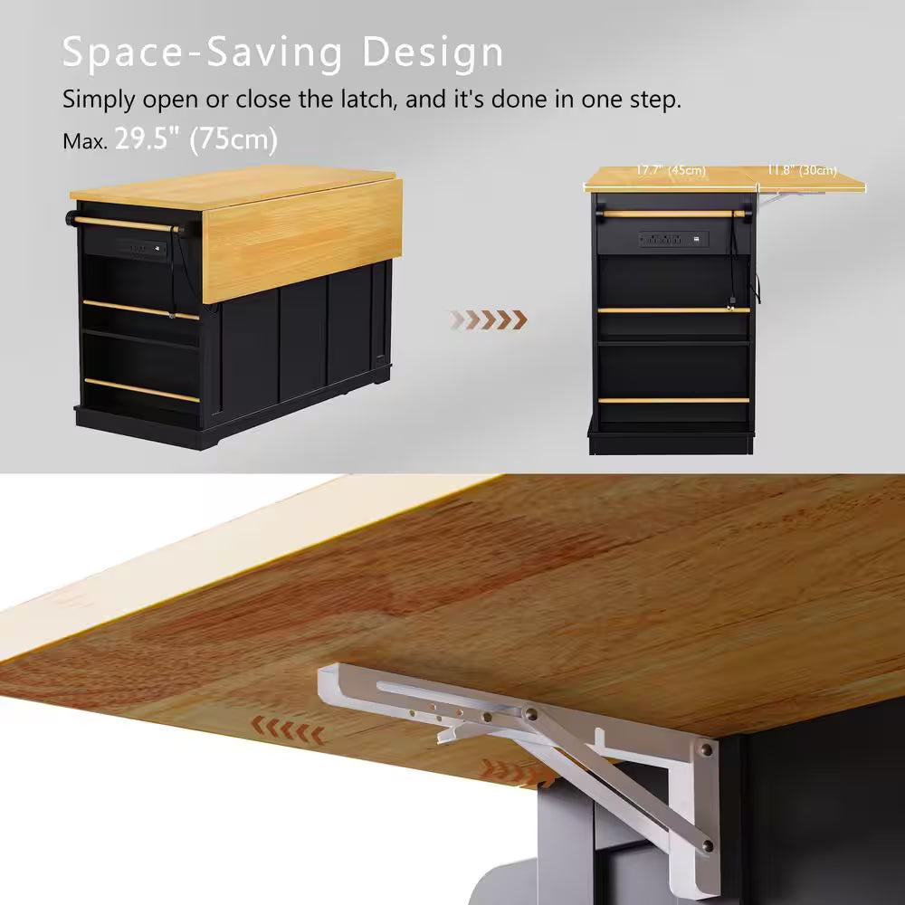 Black Wood 53 In. W Large Rolling Kitchen Island Set with Two Bar Stools