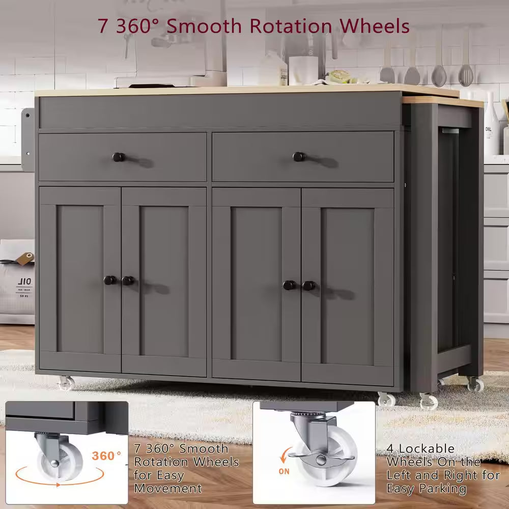 Gray Wood Top 74.5 In. Kitchen Island with Extendable Table, Hidden Wheels, and Ample Storage