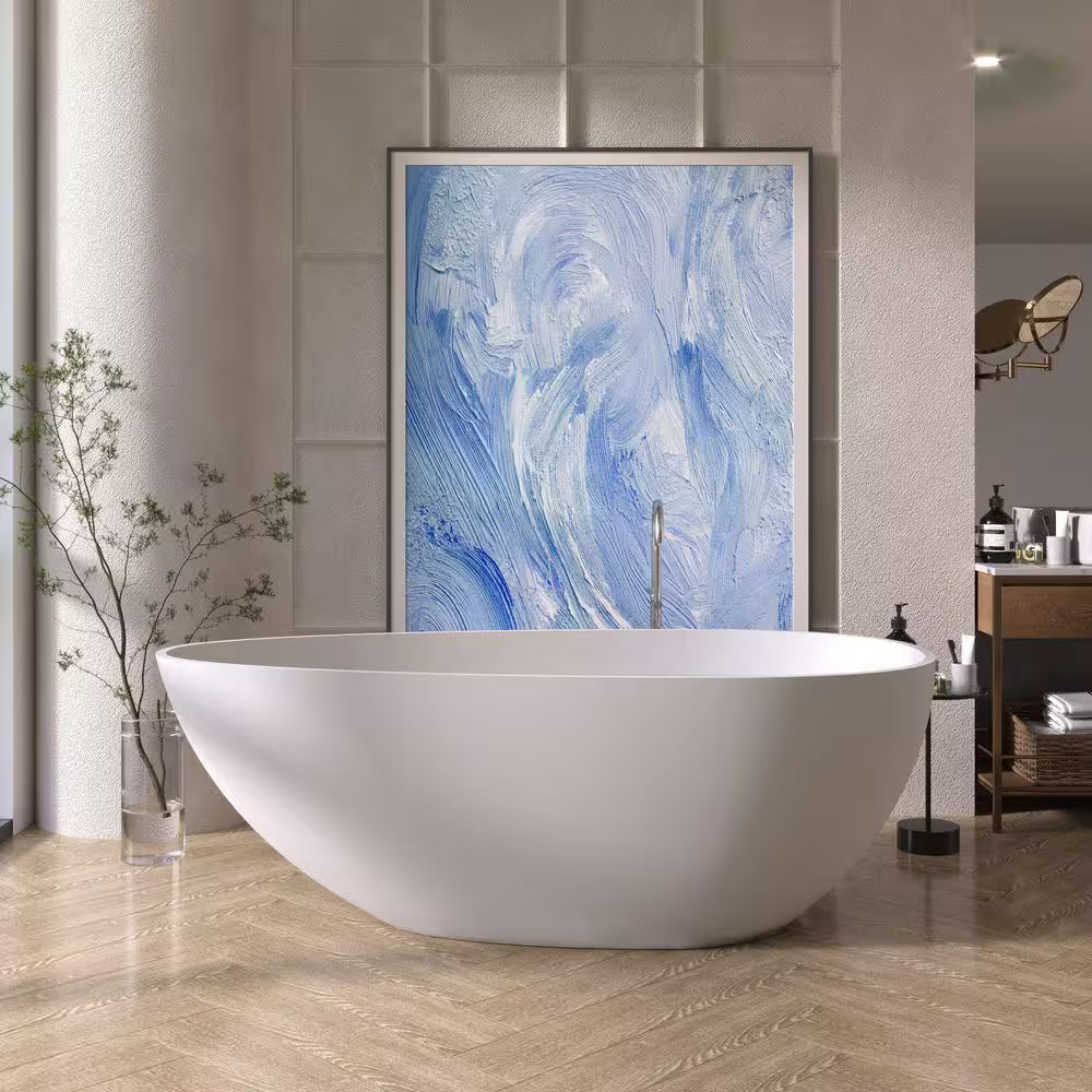Foyil 59 In. X 31 In. Solid Surface Stone Resin Flatbottom Freestanding Bathtub Soaking Bathtub in Matte White