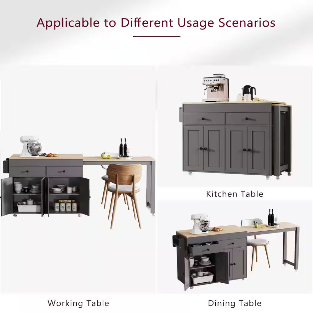 Gray Wood Top 74.5 In. Kitchen Island with Extendable Table, Hidden Wheels, and Ample Storage