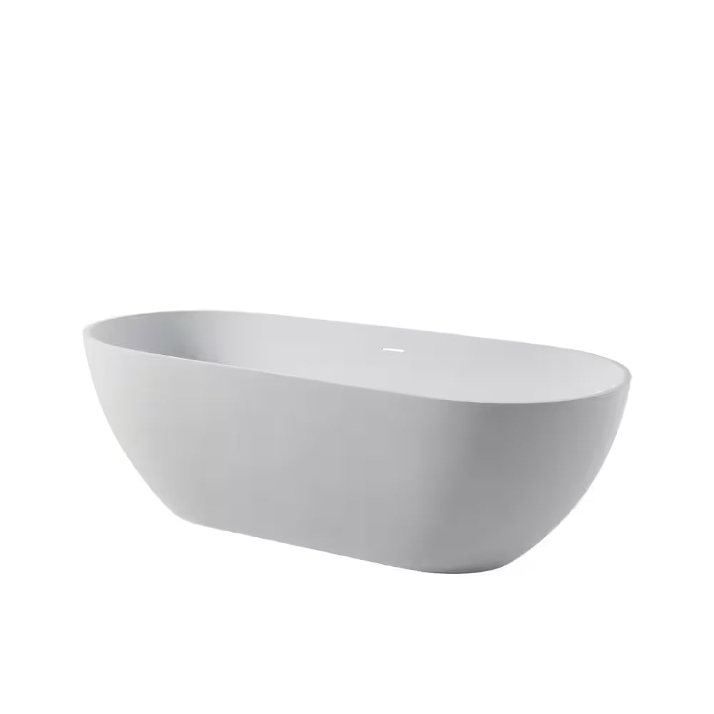 59 In. Stone Resin Flatbottom Solid Surface Freestanding Double Slipper Soaking Bathtub in White with Brass Drain