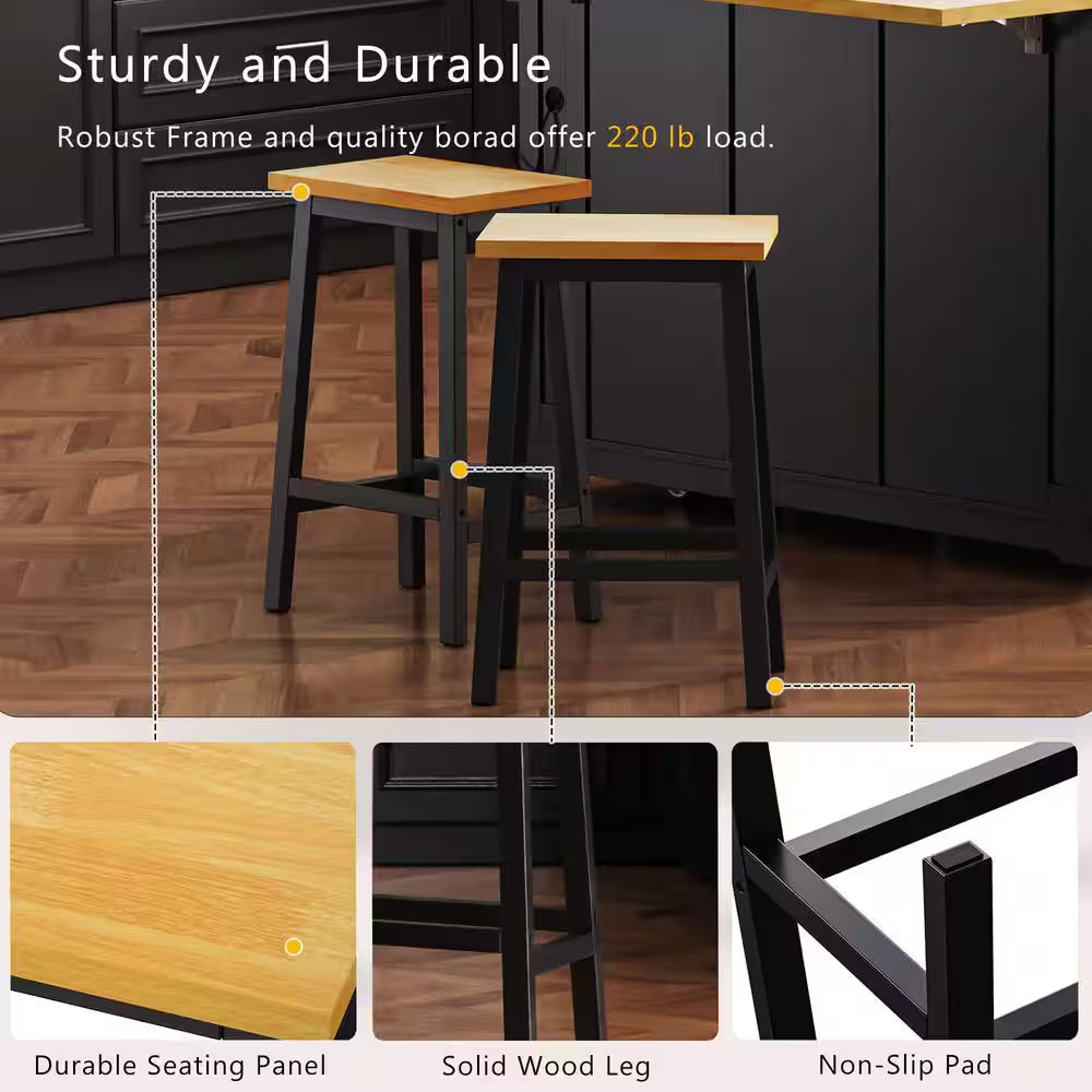 Black Wood 53 In. W Large Rolling Kitchen Island Set with Two Bar Stools