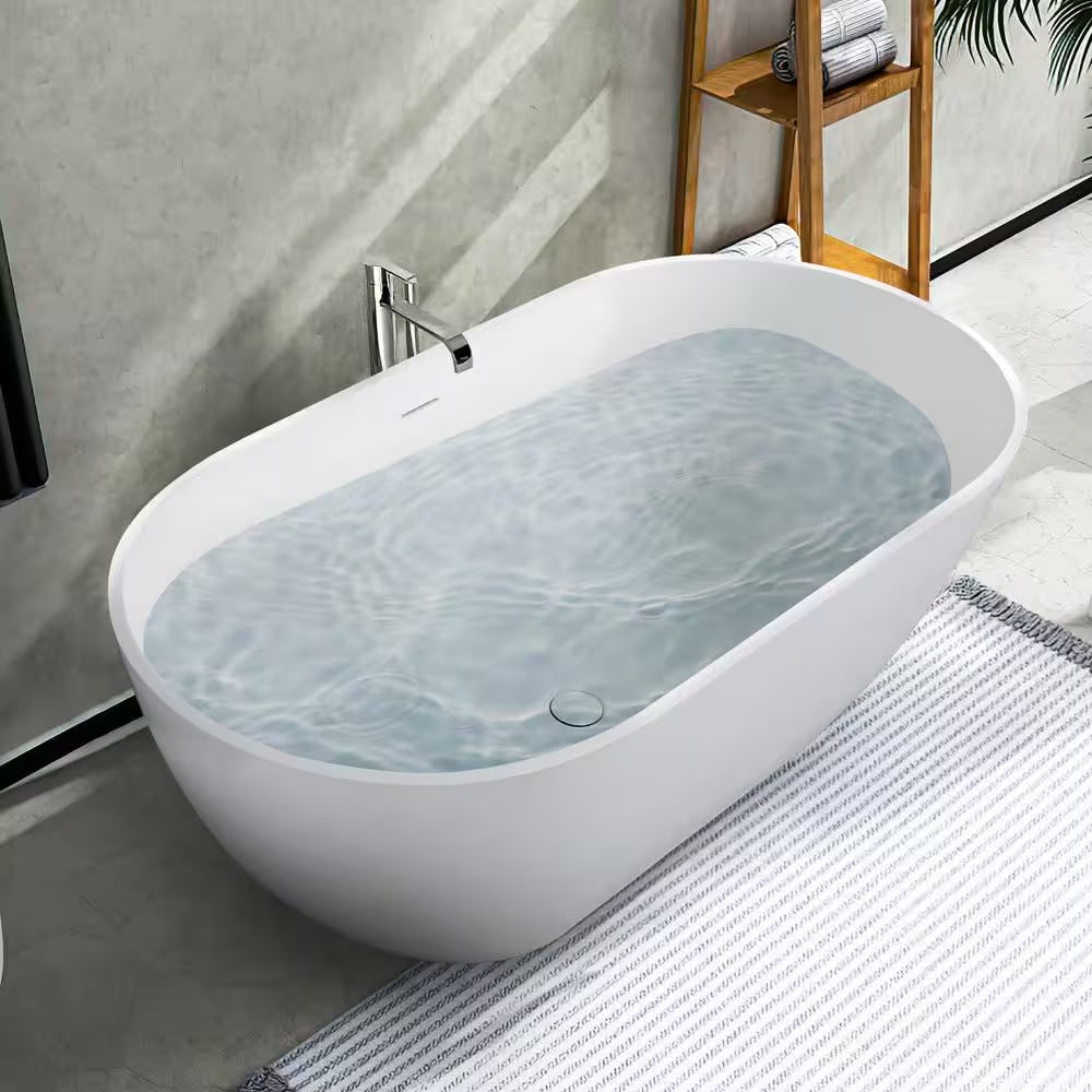 Moray 59 In. X 30 In. Solid Surface Stone Resin Flatbottom Freestanding Double Slipper Soaking Bathtub in Matte White