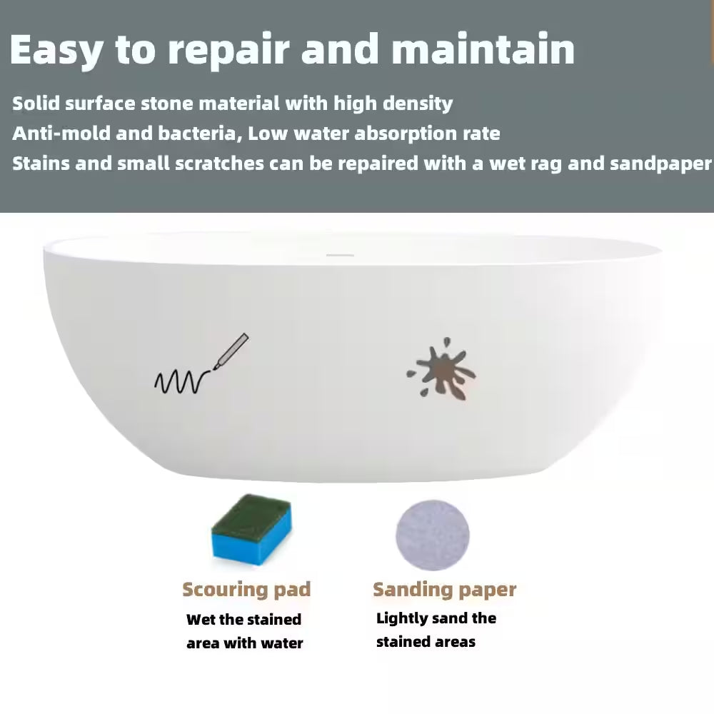 59 In. Stone Resin Flatbottom Solid Surface Freestanding Double Slipper Soaking Bathtub in White with Brass Drain
